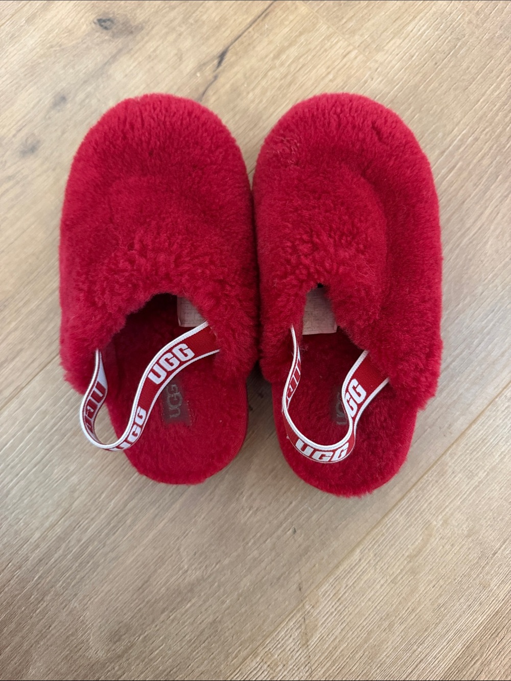 UGG Red Fuzzy Slip-On Slippers with Branded Heel Strap